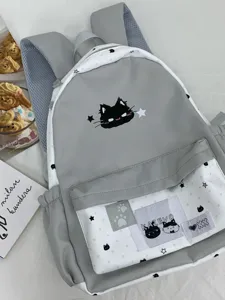 Grijs rugzak met schattige kattenprint en sterren, stijlvol detail van de studententas.