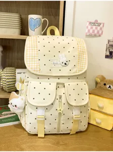 Leuke Koreaanse stijl polkadot rugzak met ruitjesflap en kattenhanger voor school en vrije tijd.
