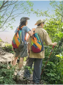Outdoor folding backpack for hiking and travel, colorful patchwork design with large capacity.