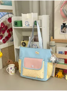 Koreaanse stijl kleurblok canvas shopper, schattige esthetische schoudertas met meerdere handige vakken.