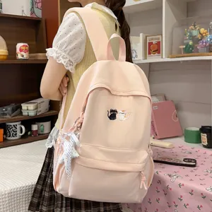 Schattige Kat Borduurwerk Nylon Rugzak Voor Meisjes Grote Capaciteit Koreaanse Schooltas Voor Studenten Dagelijks Casual Reisrugzak