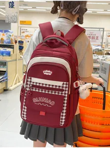 Koreaanse rood-witte ruitjes schoolrugzak voor studenten, casual dagrugzak met meerdere vakken.