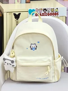 Leuke canvas rugzak met kattenborduursel en pluche hangertje, stijlvolle schooltas voor dagelijks.