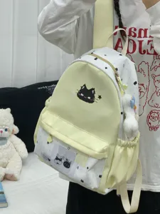 Leuke canvas rugzak met sterren- en zwarte kattenprint, grote capaciteit voor studenten.