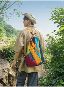 Outdoor hiking backpack detail view showcasing multi-color patchwork design and durable straps.
