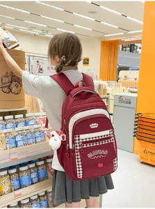 Koreaanse stijl schoolrugzak voor meisjes ruitjes contrastkleur multi-compartiment tas