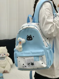 Leuke blauw-witte ster-kat rugzak voor studenten, grote capaciteit casual dagelijkse tas.
