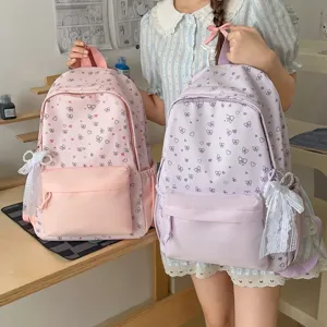 Koreaanse Stijl Zoete Meisje School Rugzak Grote Capaciteit Nylon Strik Hart Print Student Daypack Voor Middelbare School