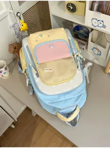 Koreaanse stijl color block schoolrugzak voor meisjes, schattig dopamine design met zakken.