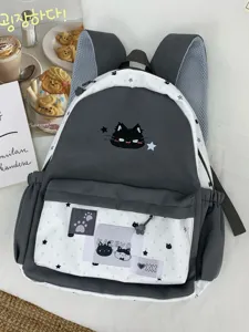 Leuke grijwitte canvas rugzak met kat sterren patroon, grote capaciteit studentenschooltas.