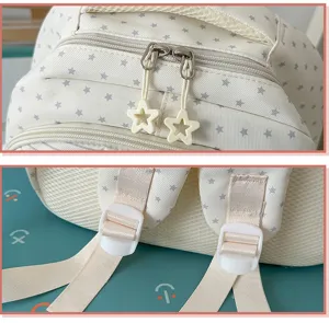 Detailopname van schooltas met sterrenpatroon, schattige ster-ritstrekkers en mesh schouderbanden.