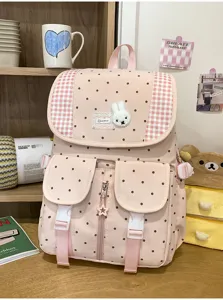 Roze stippen rugzak met geruite flap schattige konijnen patch casual schooltas voor meisjes