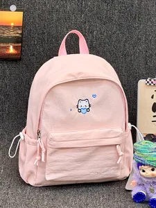 Roze canvas rugzak met schattige kattenborduurwerk, grote capaciteit schooltas voor dagelijks gebruik.