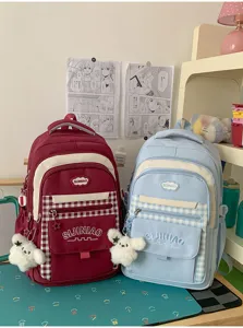 Koreaanse stijl canvas schoolrugzak voor studenten, geruit ontwerp, meerdere vakken dagtas