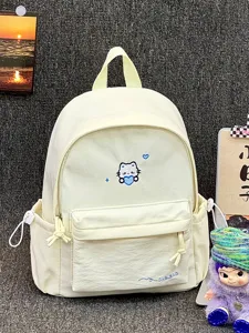 Leuke canvas schoolrugzak voor studenten, grote casual reistas met schattige kattenborduurwerk.