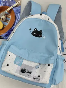 Leuke blauwe en witte rugzak met kattenborduurwerk en sterrenprint voor studenten.
