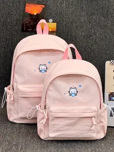 Roze canvas schoolrugzak set met schattige kattenborduurwerk, grote capaciteit voor dagelijks.