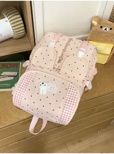 Roze stippen rugzak met ruitjes zak en schattige berenhanger, casual stijl boekentas voor school.
