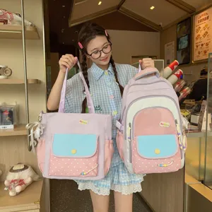 Nylon Preppy Kleurblok Schoolrugzak Stippen Contrast Grote Capaciteit Schoudertas Set Voor Studenten Kinderen