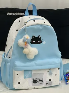 Leuke blauw-witte sterren rugzak met kattenontwerp, hippe studenten schooltas en dagelijkse casual tas