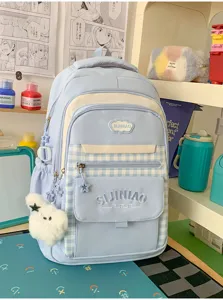 Koreaanse stijl lichtblauwe schoolrugzak voor meisjes, schattig ruitjes studententas detail