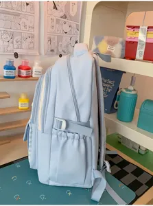 Koreaanse stijl schoolrugzak voor meisjes, gedetailleerd zijaanzicht met meerdere vakken.