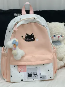 Schattige roze en witte ster kat print rugzak detail met voorzak en leuk design.