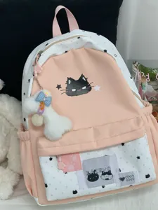 Schattige roze witte sterren rugzak met kattenprint en pluche hanger voor school.