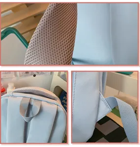 Gedetailleerde close-up van de ademende mesh riem en duurzame stiksels op de lichtblauwe rugzak.