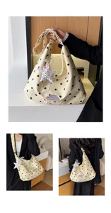Canvas schoudertas voor dames met polkadots, casual cloud tas met schattige sterhanger.