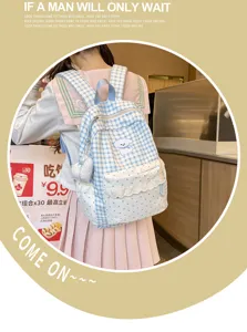 Koreaanse zoete stijl blauw-witte ruitjes rugzak met schattige kantafwerking en schooltas.