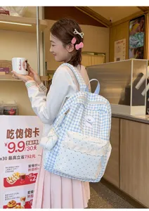 Koreaanse Zoete Stijl Blauw Witte Ruitjes Rugzak Met Schattige Puppy Borduurwerk Voor Studenten