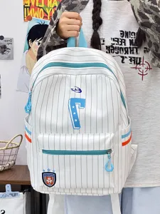 White striped backpack for women, casual school bookbag with large capacity and blue zippers.