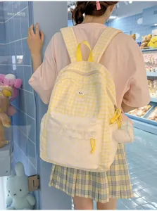 Leuke Koreaanse gele ruitjes rugzak met schattig hond borduursel, kant rand en stip zak.