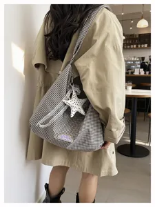 Chique ruitjes schoudertas met kantrand en sterhanger, casual tote tas voor dames dagelijks.