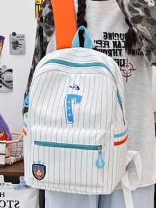 Striped canvas backpack for students, large capacity casual school daypack, white and blue.