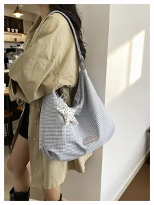 Blauw-witte schoudertas met ruitjes voor dames trendy casual hobo crossbody tas
