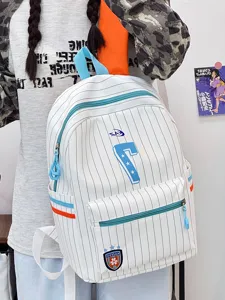 White pinstripe backpack detail, fresh style school bookbag with blue zippers and number 7.