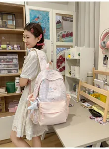 Japanse roze geruite schoolrugzak voor meisjes, lichtgewicht grote capaciteit studenten vrijetijdstas