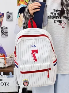 Japanese style striped backpack for students, casual large capacity school bag with red trim.