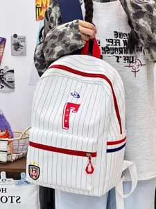 Japanese style white striped backpack for students, lightweight large capacity casual bag.