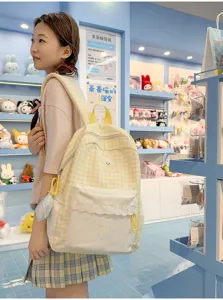 Schattige gele ruitjes rugzak met witte stippen kant zakje leuke schooltas voor meisjes