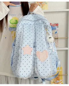 Sweet cute polka dot backpack with lace trim, bunny ears, star and heart patches for girls.