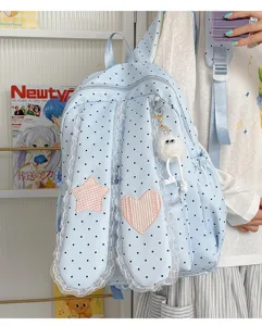Sweet lace polka dot bunny ear backpack detail, cute star heart patch student casual daily bag.