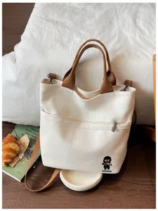 Sac cabas en toile style coréen pour femme, sac à bandoulière quotidien épais avec broderie.
