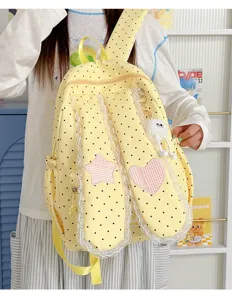 Sweet lace polka dot rabbit ear backpack, cute star heart patch school bag for girls.
