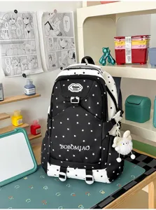 Grand sac à dos motif étoiles noir et blanc cartable décontracté pour étudiant.