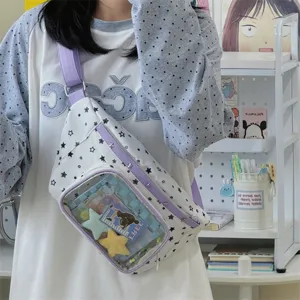 Sac Ita Preppy à Motifs d'Étoiles pour Femmes Fenêtre Transparente Sac de Poitrine en Tissu Oxford Grande Capacité pour l'École