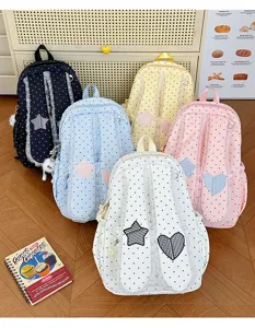 Cute polka dot backpack with lace trim, bunny ears, and star heart patches for daily school use.