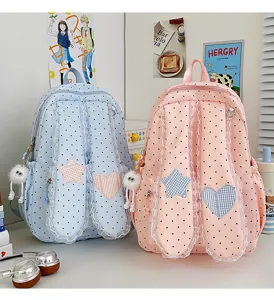 Sweet lace polka dot bunny ear backpack for girls, cute large capacity student school bag.
